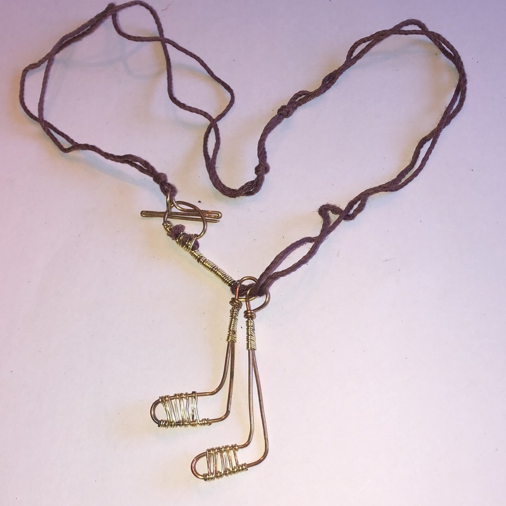 Wire Hockey Stick Brown Cord Boho Necklace - Picture 6 of 7
